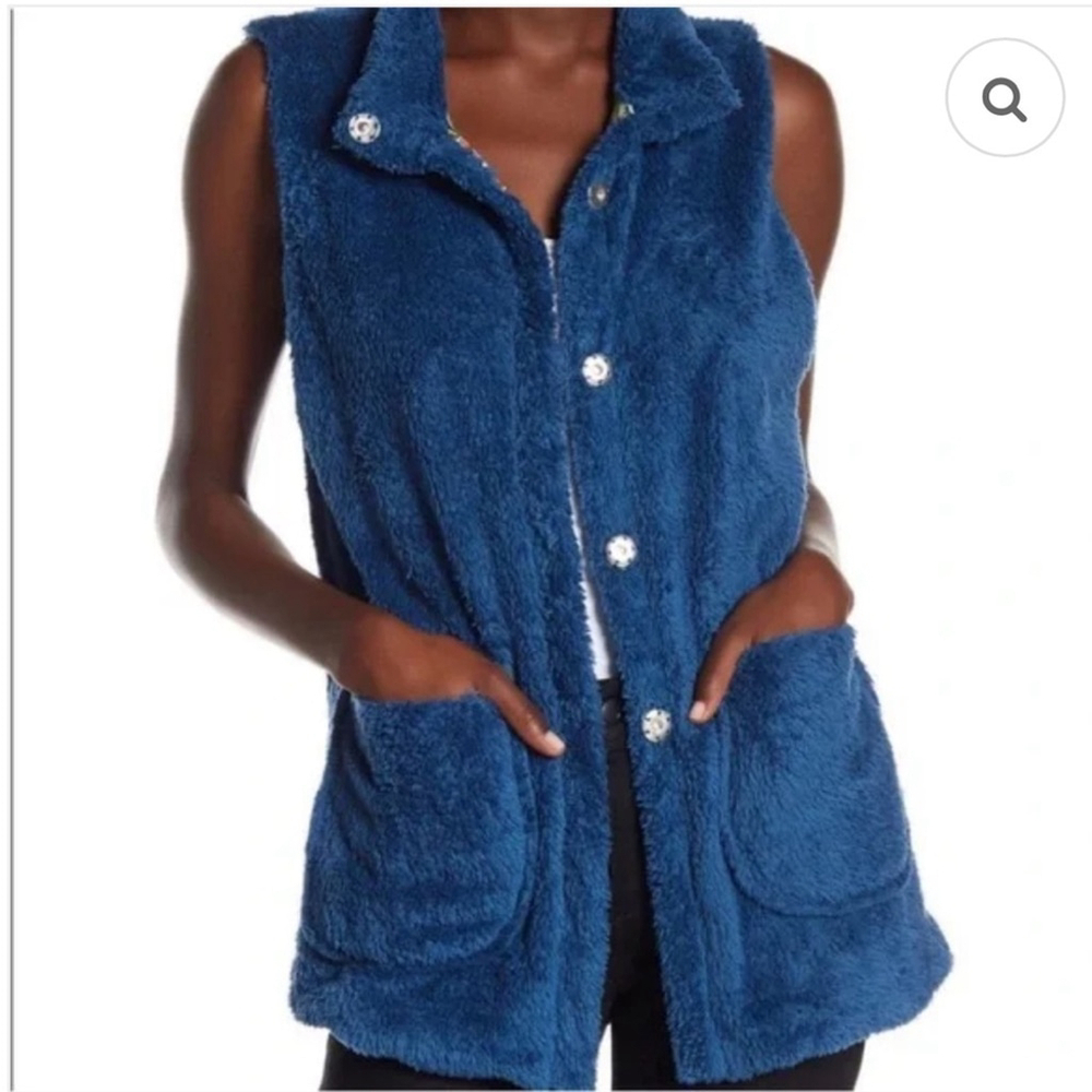 JOHNNY WAS reversible Vicney Lagoon blue faux fur vest topper pockets large